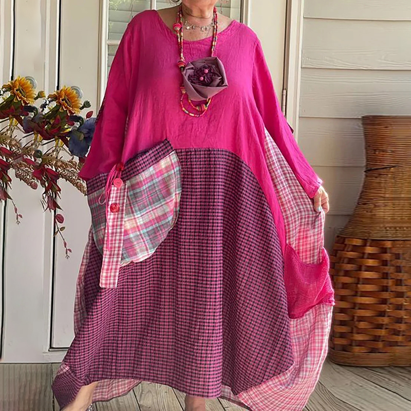 Ladies Loose Color Contrast Cotton Maxi Dress