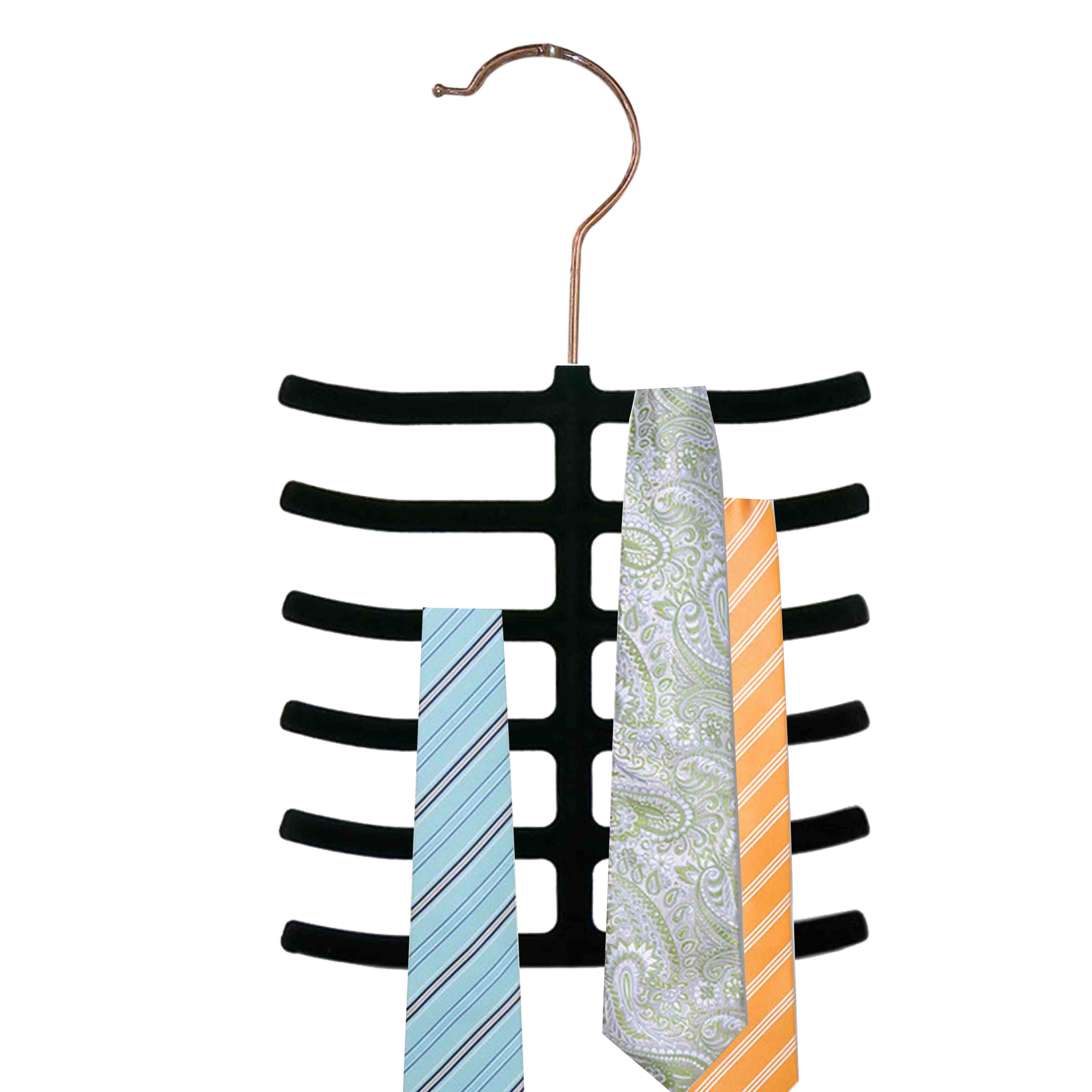 Home Basics 6 Tier Non-Slip Velvet Tie Hanger, Black, 3-Pack