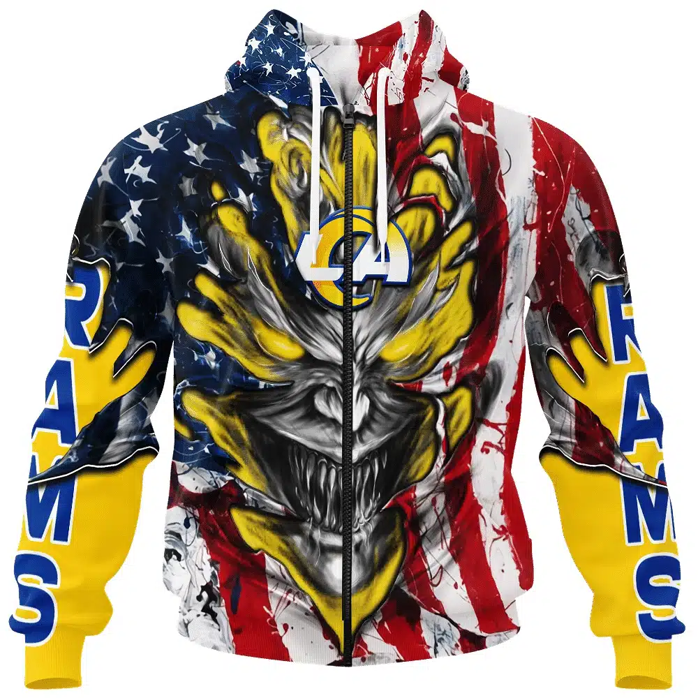 LOS ANGELES RAMS DEMON FACE AMERICAN FLAG-3D UNISEX HOODIE