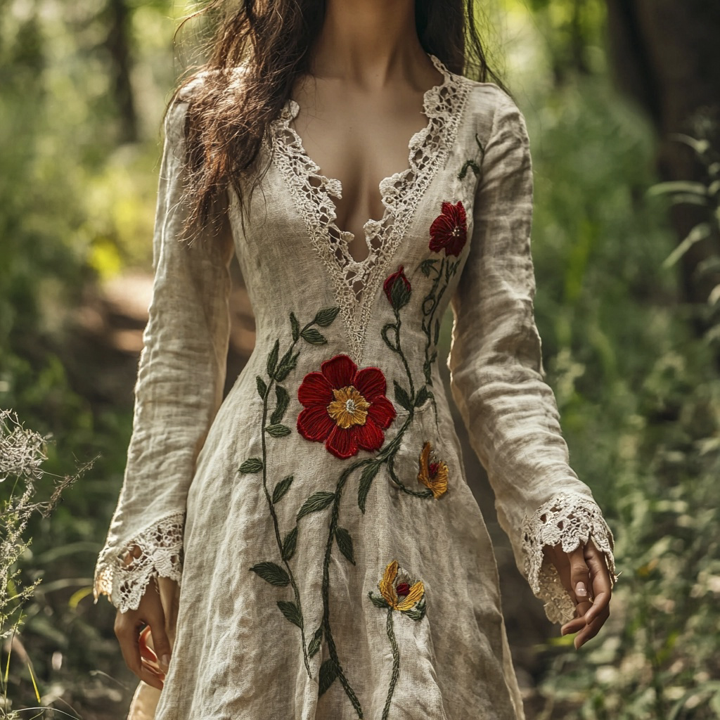 Boho Floral Embroidery Women's Linen Maxi Dress