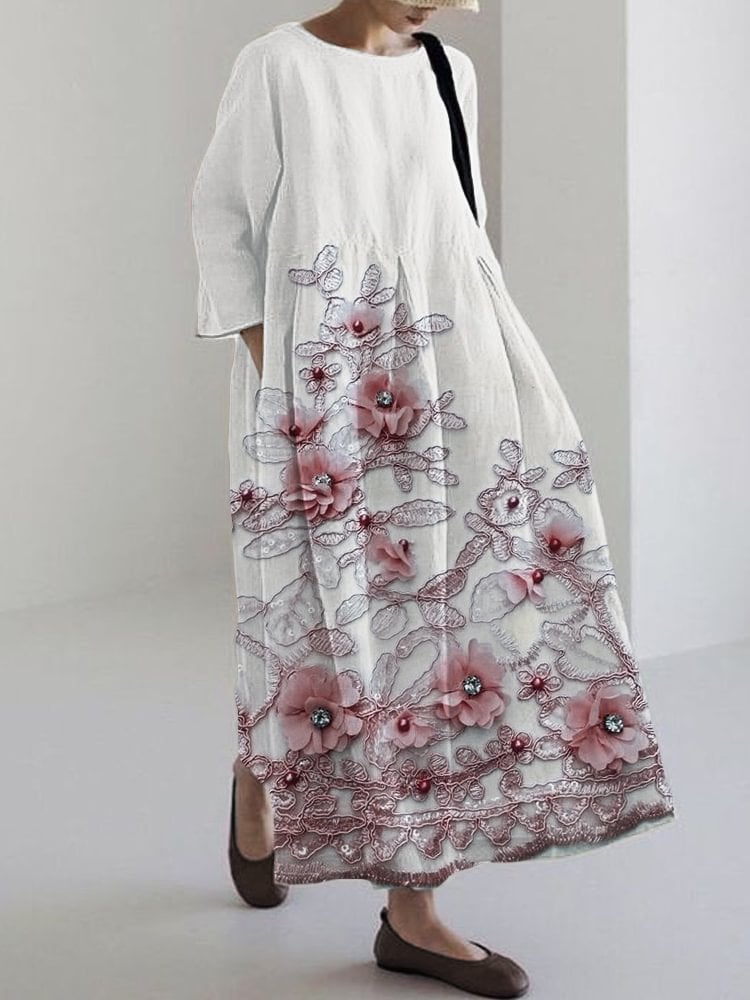 Women's Floral Print Cotton And Linen Dress
