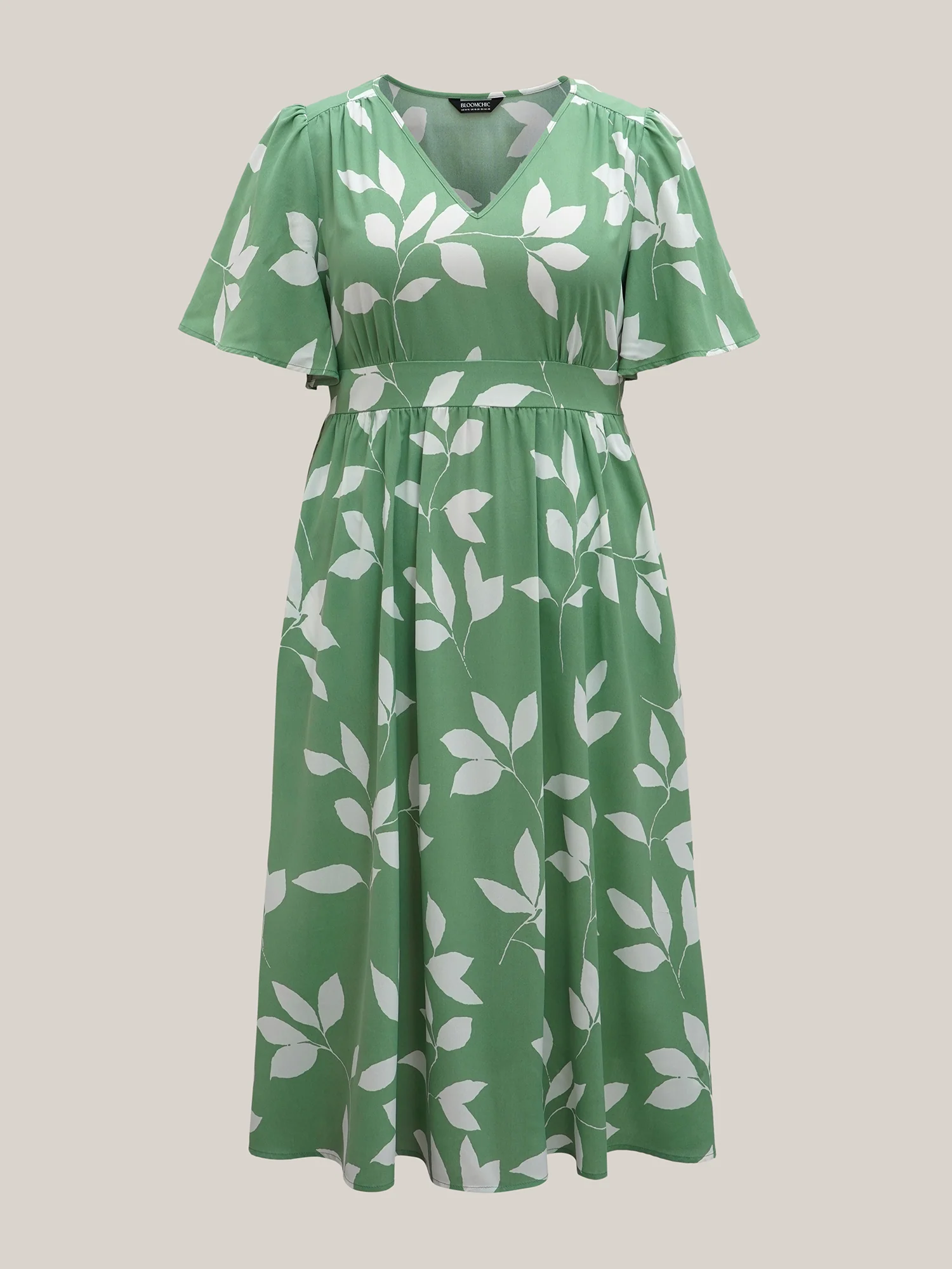 Leaf Print Waist-Cinched Flared Maxi Dress