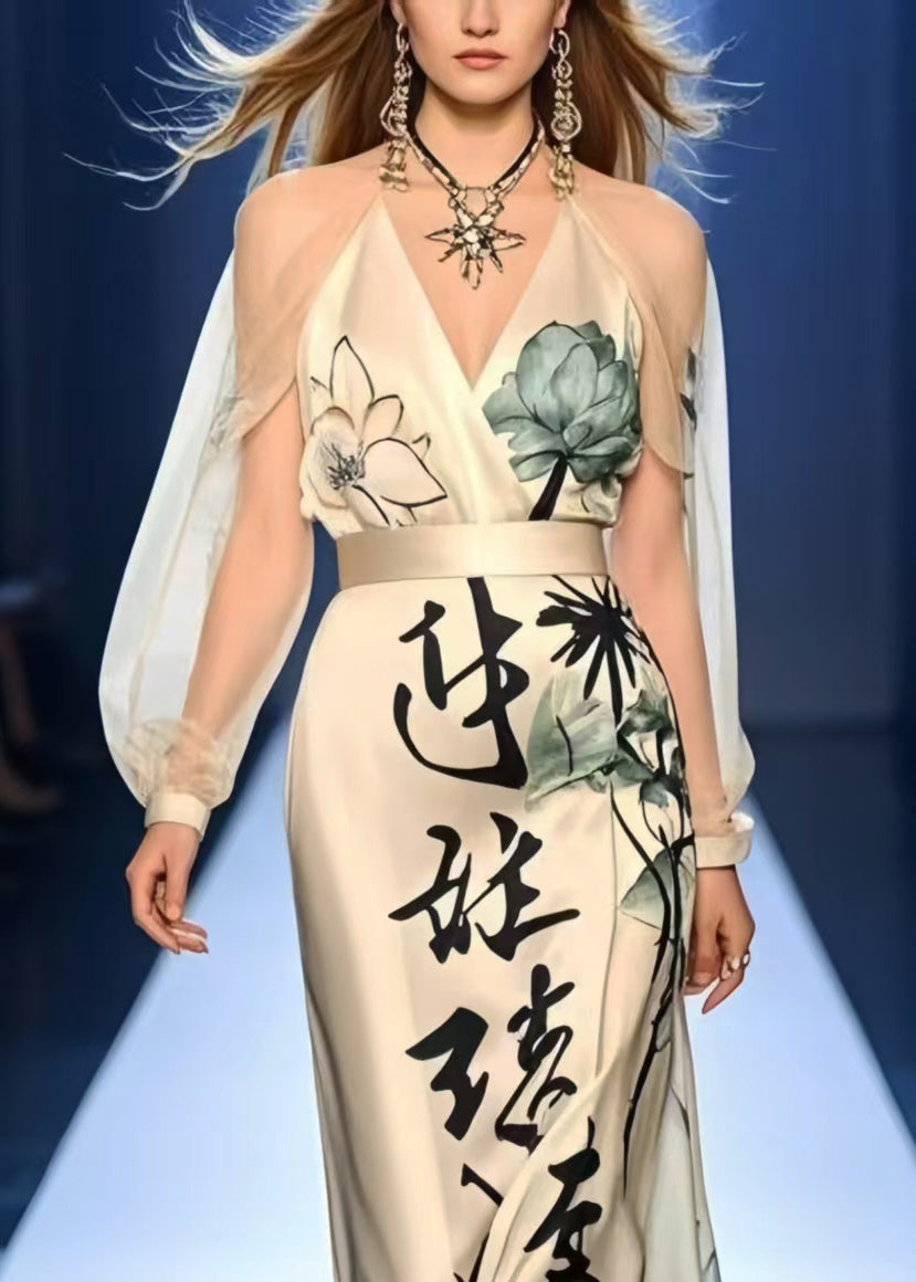 Italian Apricot Cinched Print Silk Party Dresses Summer