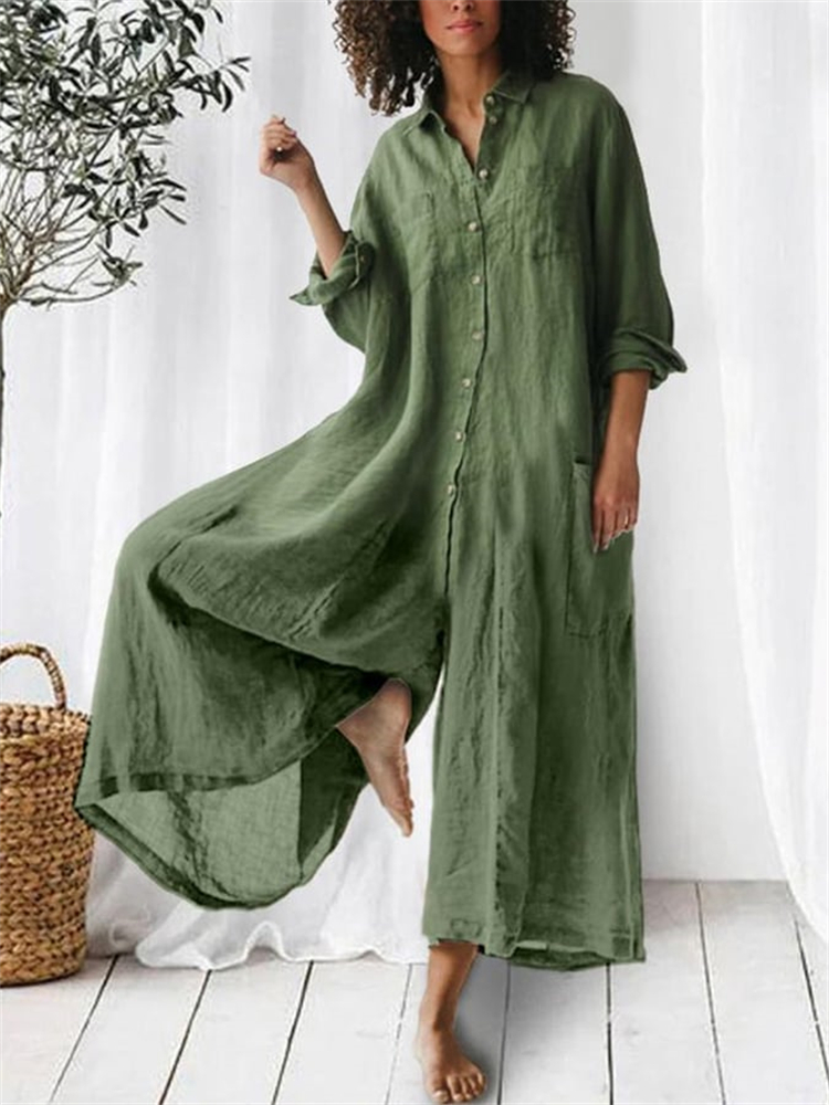 Patch Pocket Button Down Wide Leg Jumpsuit