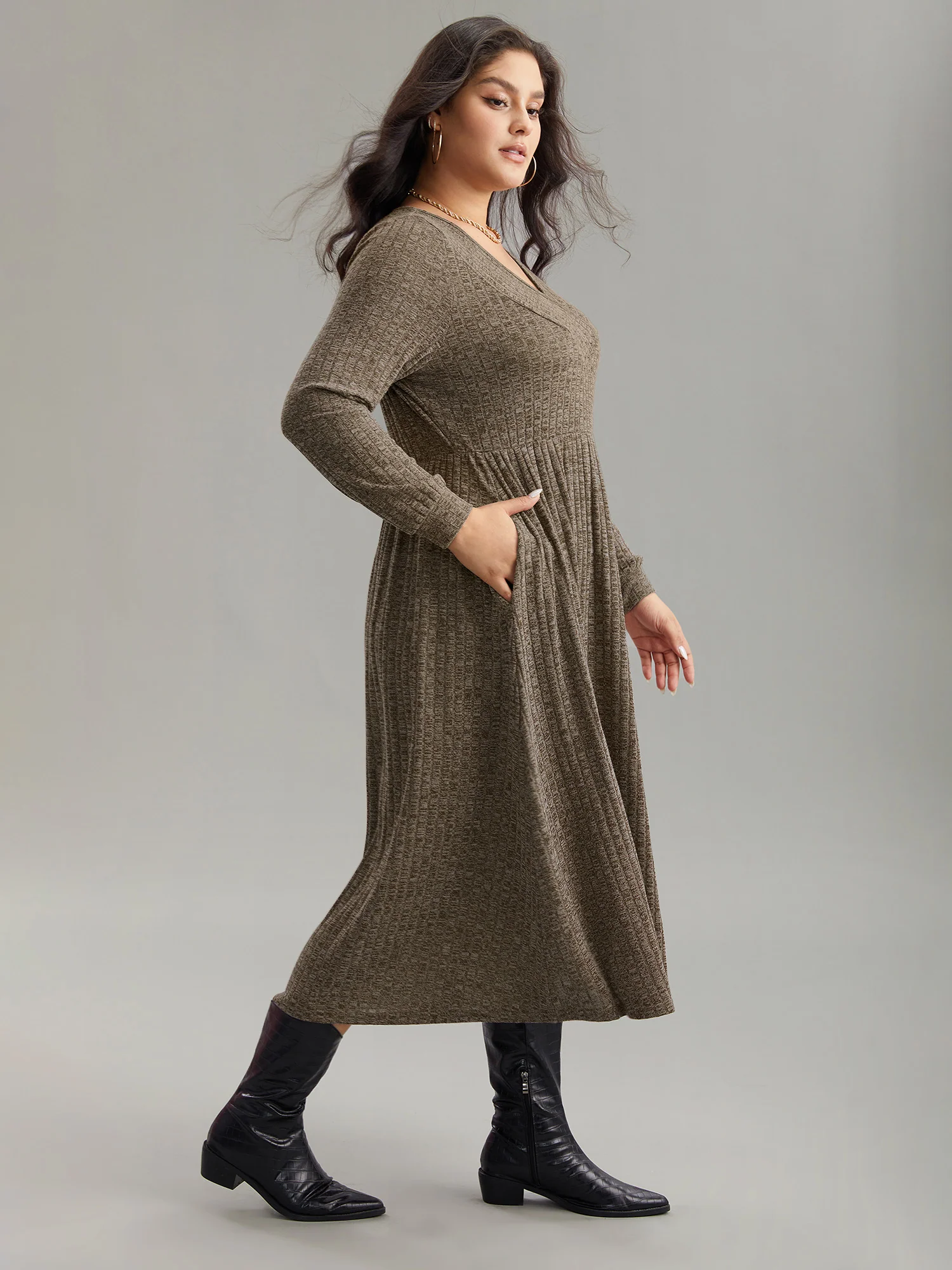 Rib Knit Plain Plisse Long Sleeve Dress