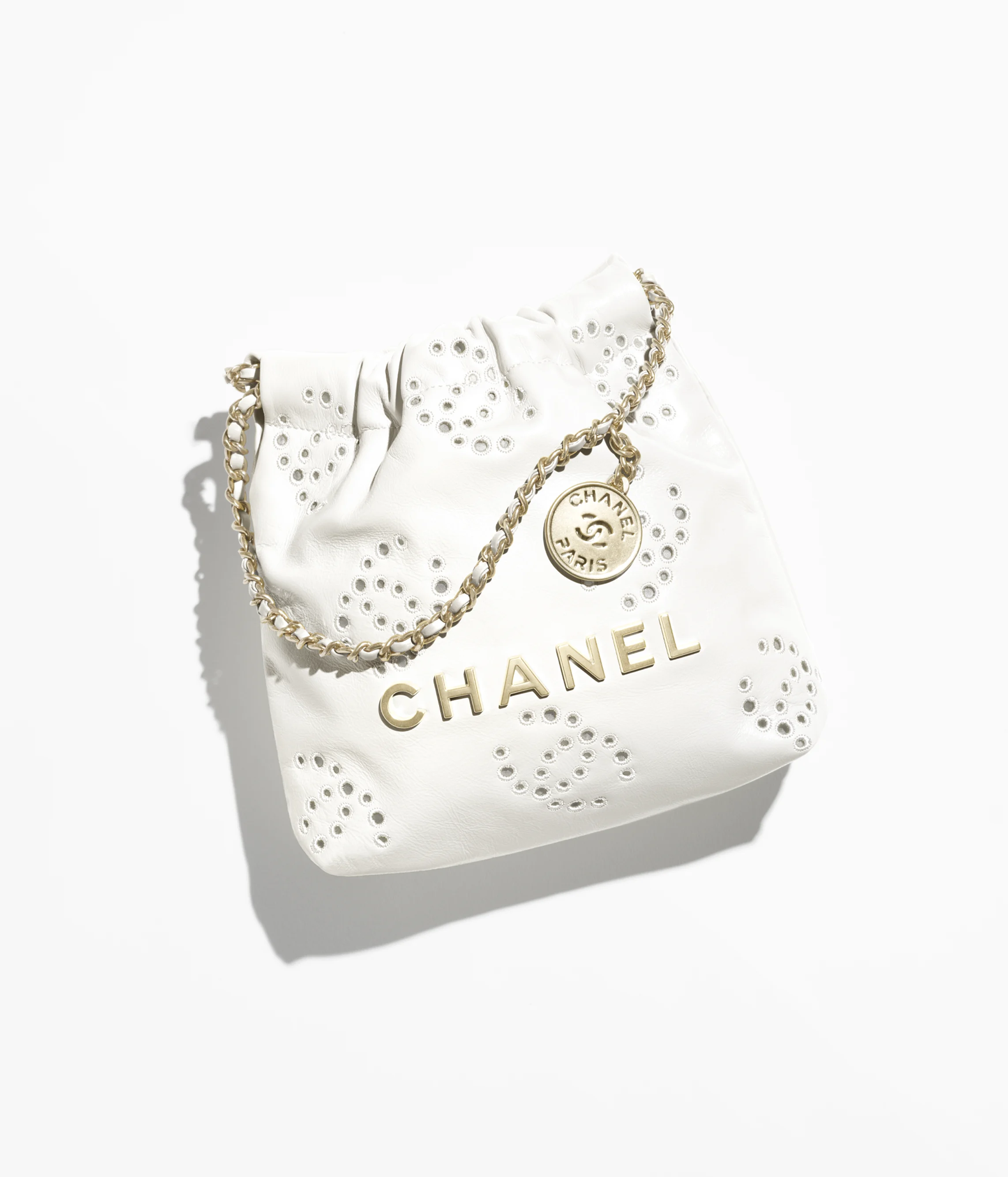 CHANEL 22 Mini Handbag Shiny Calfskin & Gold-Tone Metal White AS3980-B19648-10601