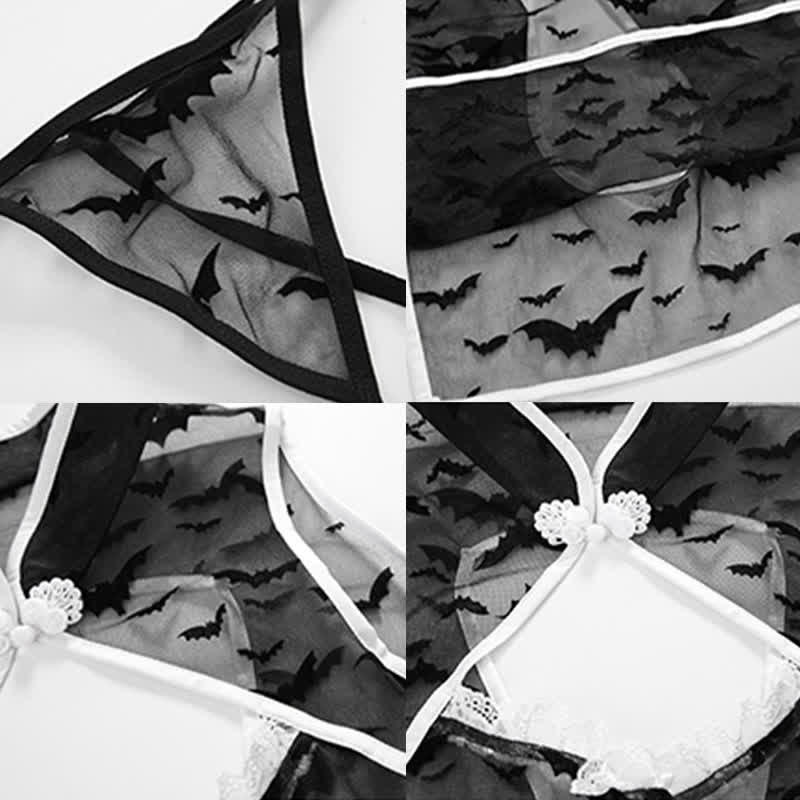 Bat Print Lace Up See Through Vintage Cheongsam Lingerie Dress