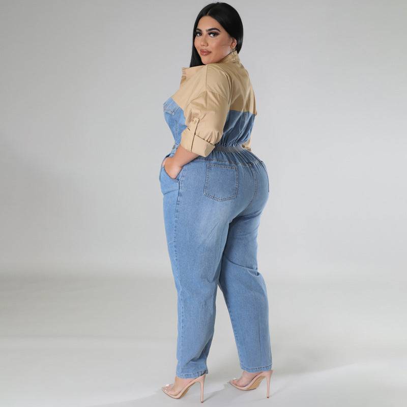 Plus Size Women Clothes Denim Contrast Color Jumpsuit