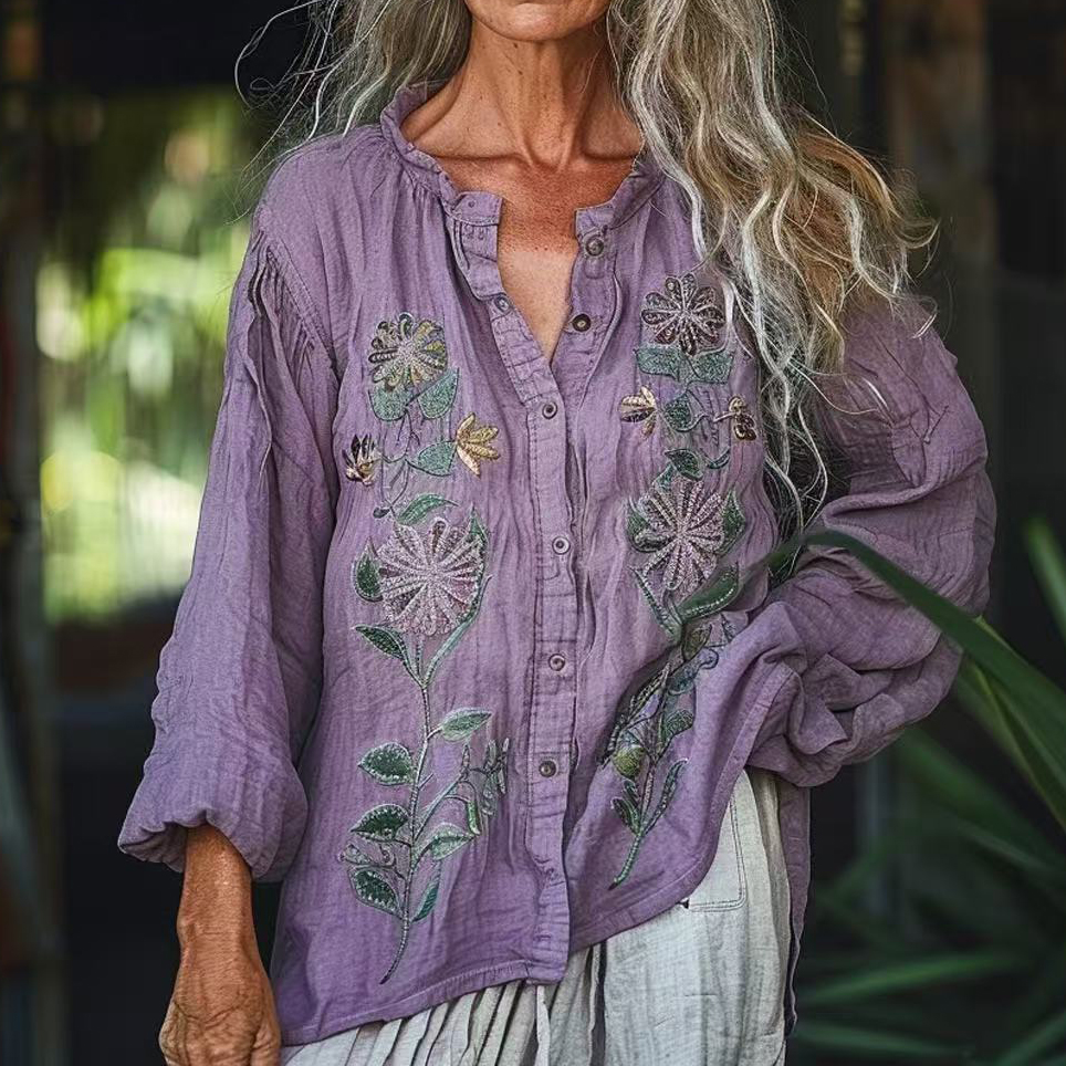 Vintage Bohemian Style Linen Floral Art Print  Long Sleeve Shirt