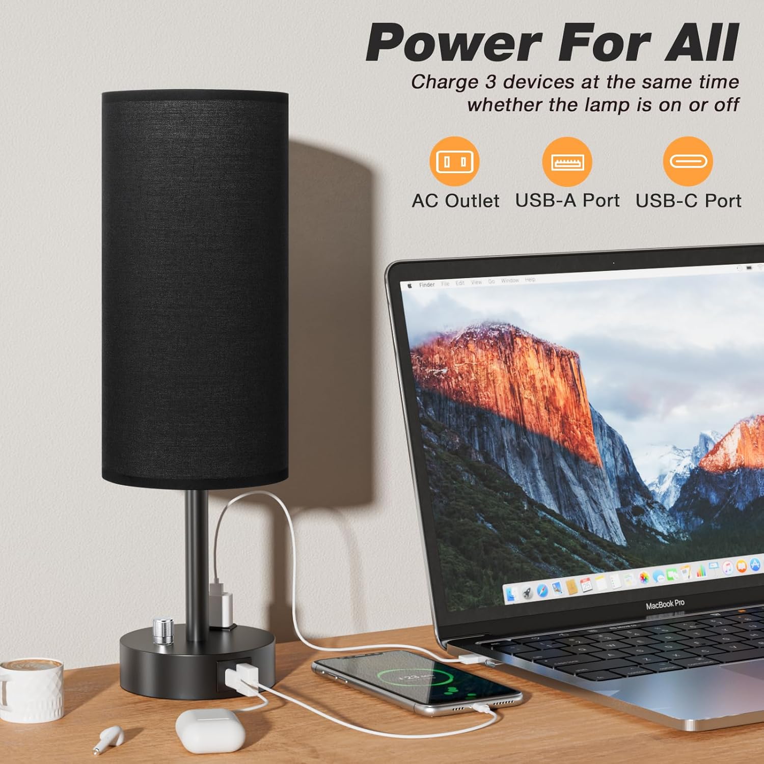 Bedside Table Lamp for Bedroom - 3 Way Dimmable Touch Lamp USB C Charging Ports and AC Outlet, Small Lamp Wood Base Round Flaxen Fabric Shade for Living Room, Desk, LED Bulb Included