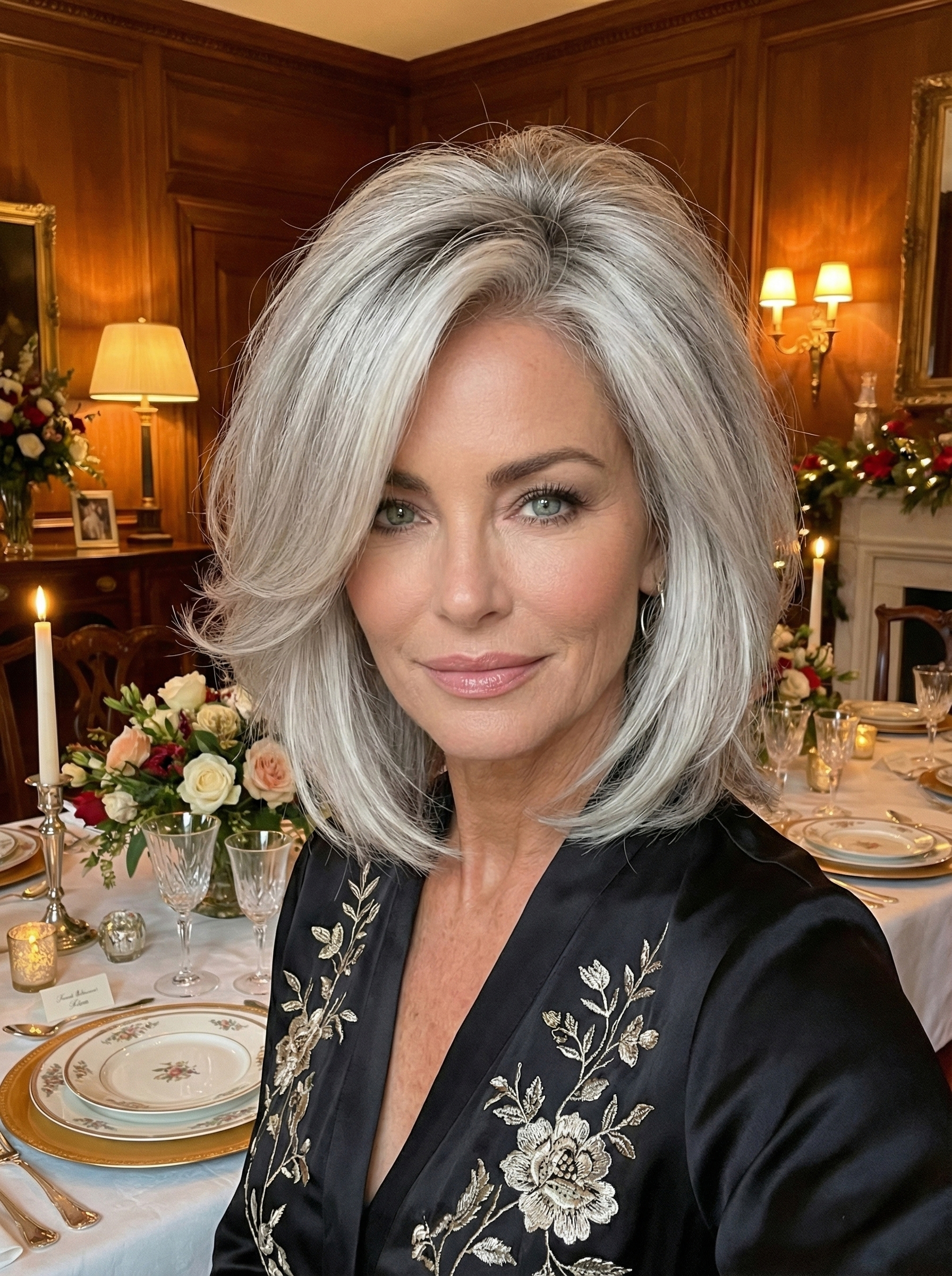 Silver Layered Wig with Natural Dark Roots