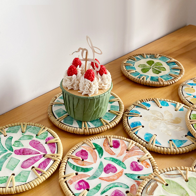 👍Last Day Promotion 60% OFF💥Handmade rattan and bamboo coasters, Shell heat-insulated round coasters, Household desktop tea coasters, Anti-scalding bowl coasters - BUY 5 FREE SHIPPING