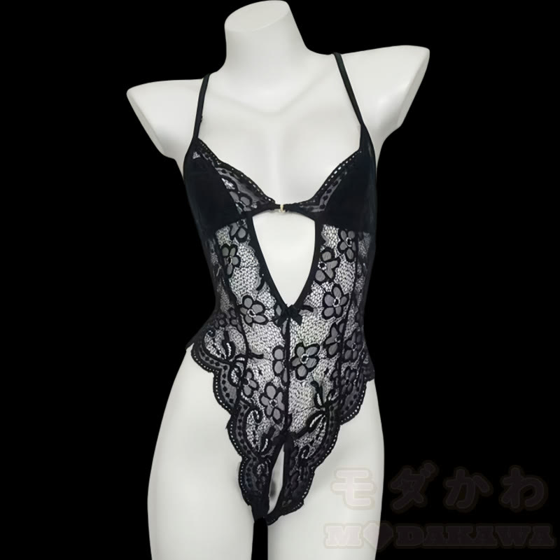 Lace See-through Bow Jumpsuit Lingerie With Breast Pads