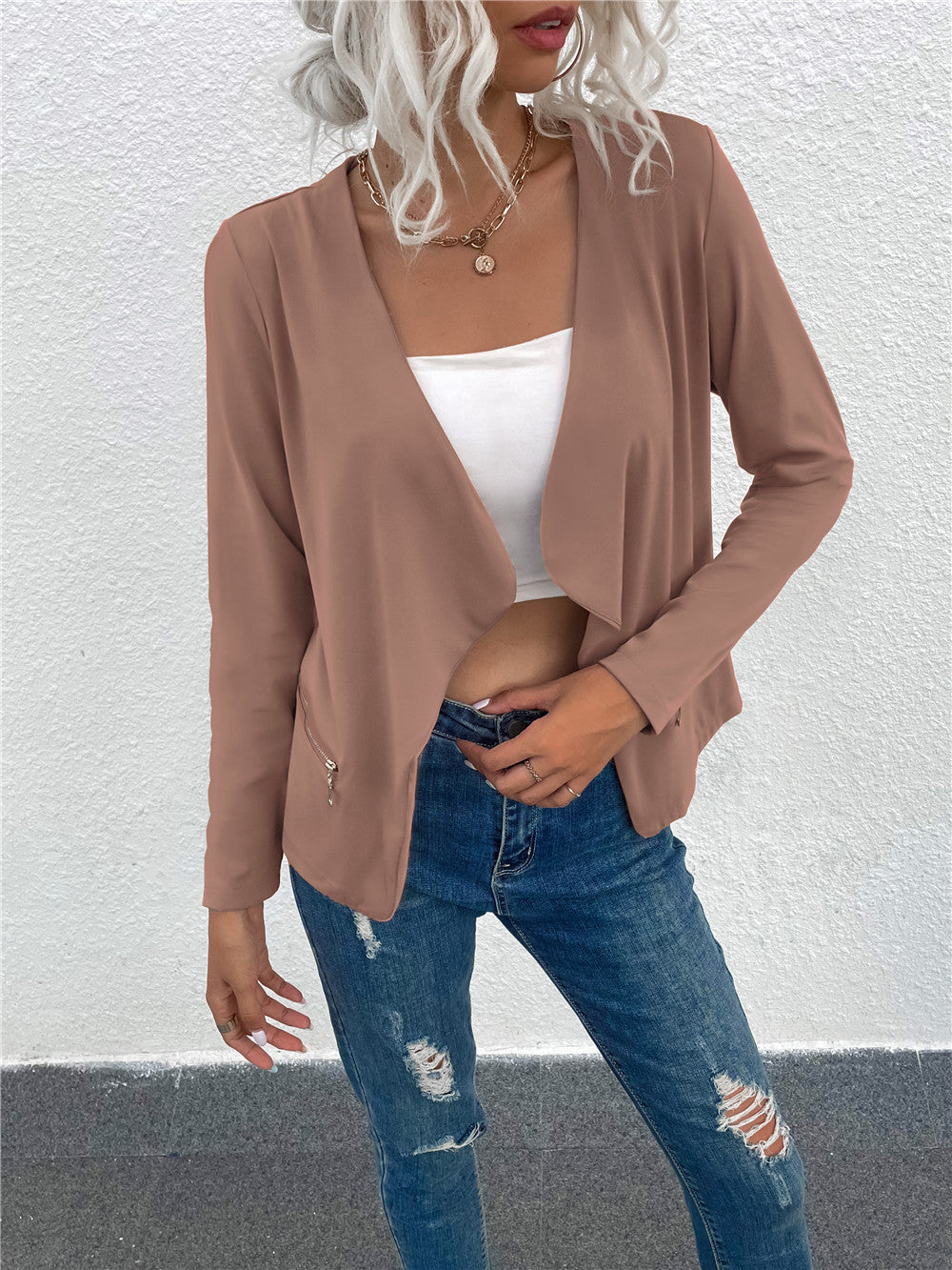 Suit Jacket with Lapel and Zipper Closure in Solid Color
