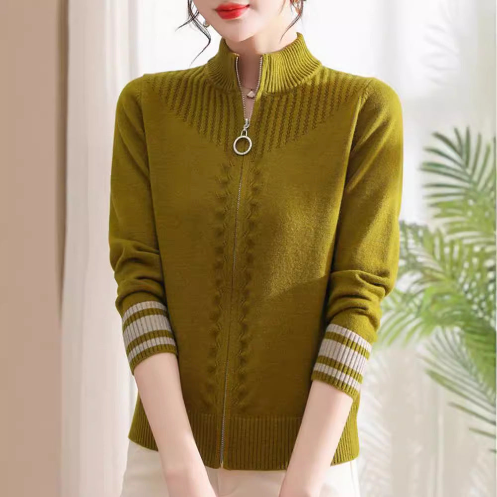 Women's Stand Collar Wool Cardigan Coat with Zipper