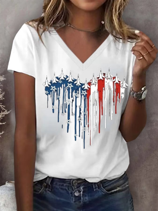 Women's Flag Independence Day V-Neck Printed T-Shirt