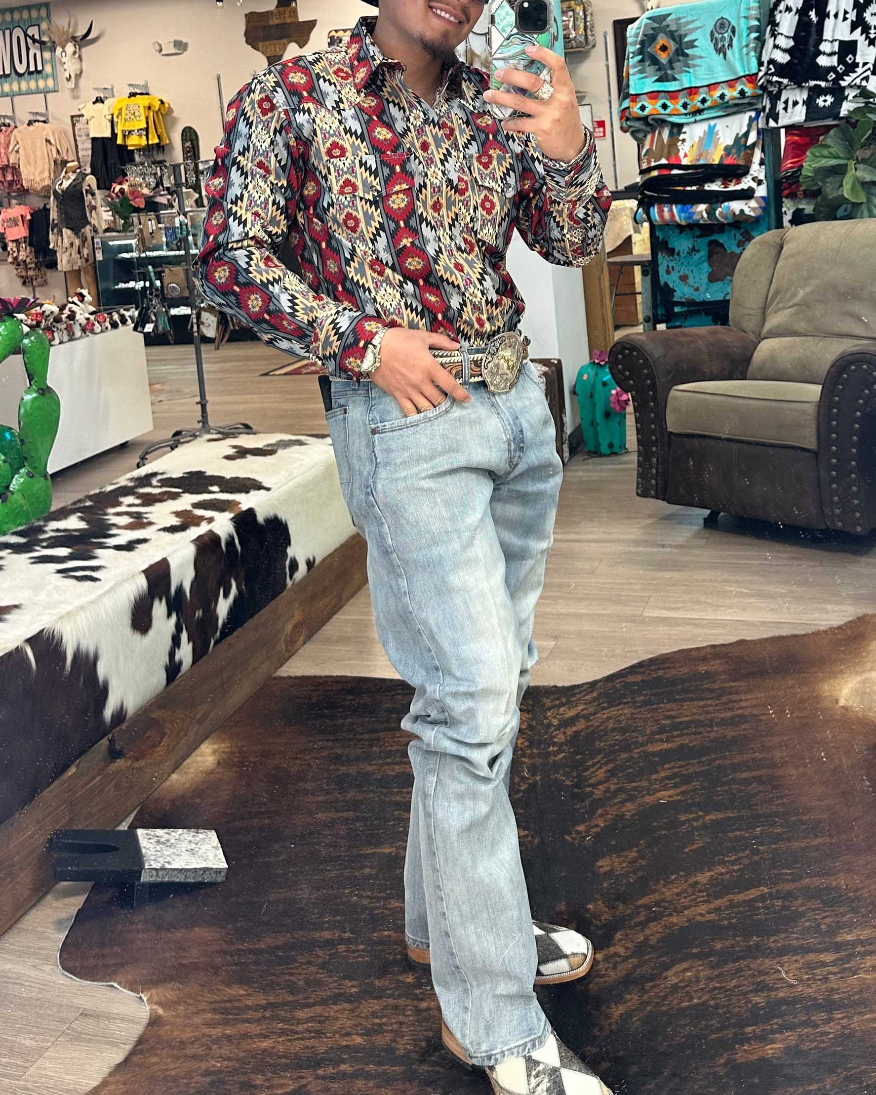 Men's Casual Retro Western Cowboy Stripe Long Sleeve Shirt
