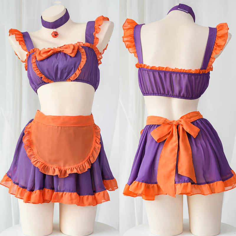 Pumpkin Small Bell Bow Decor Chiffon Maid Lingerie Set