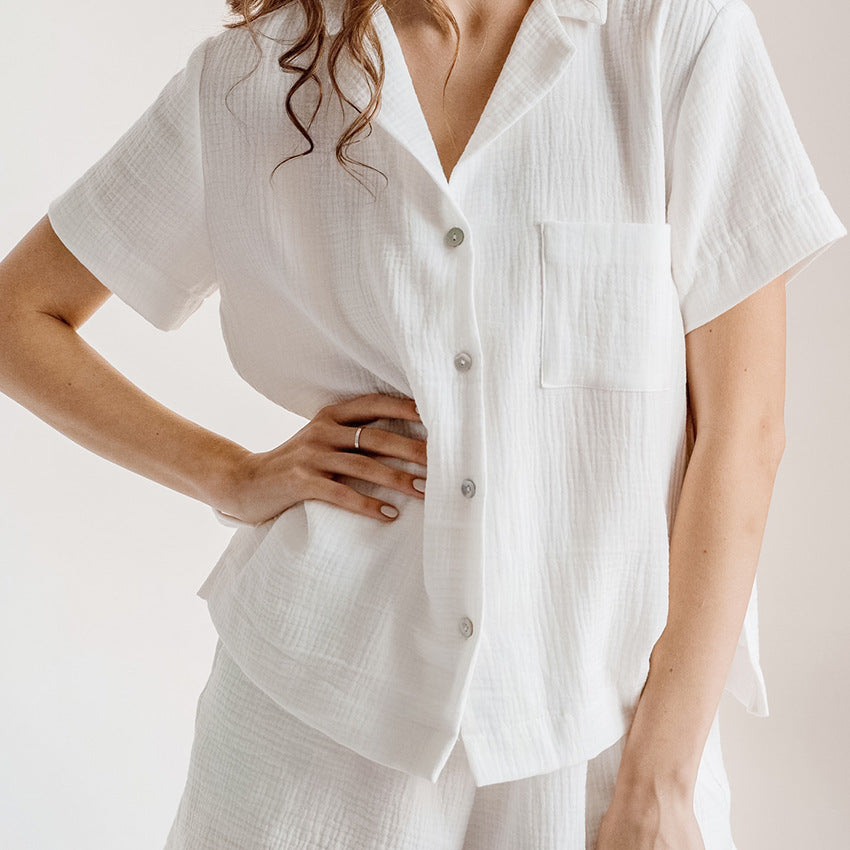 Women Summer Cotton Linen French Simplicity Sports Shirt Shorts Double Layer Gauze Pajamas Women Homewear
