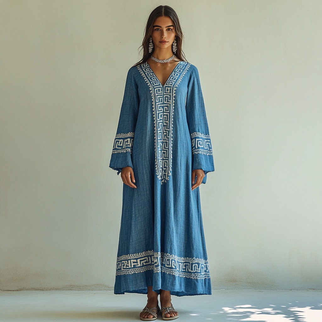 Retro Greek Key Graphics V Neck Linen Blend Maxi Dress