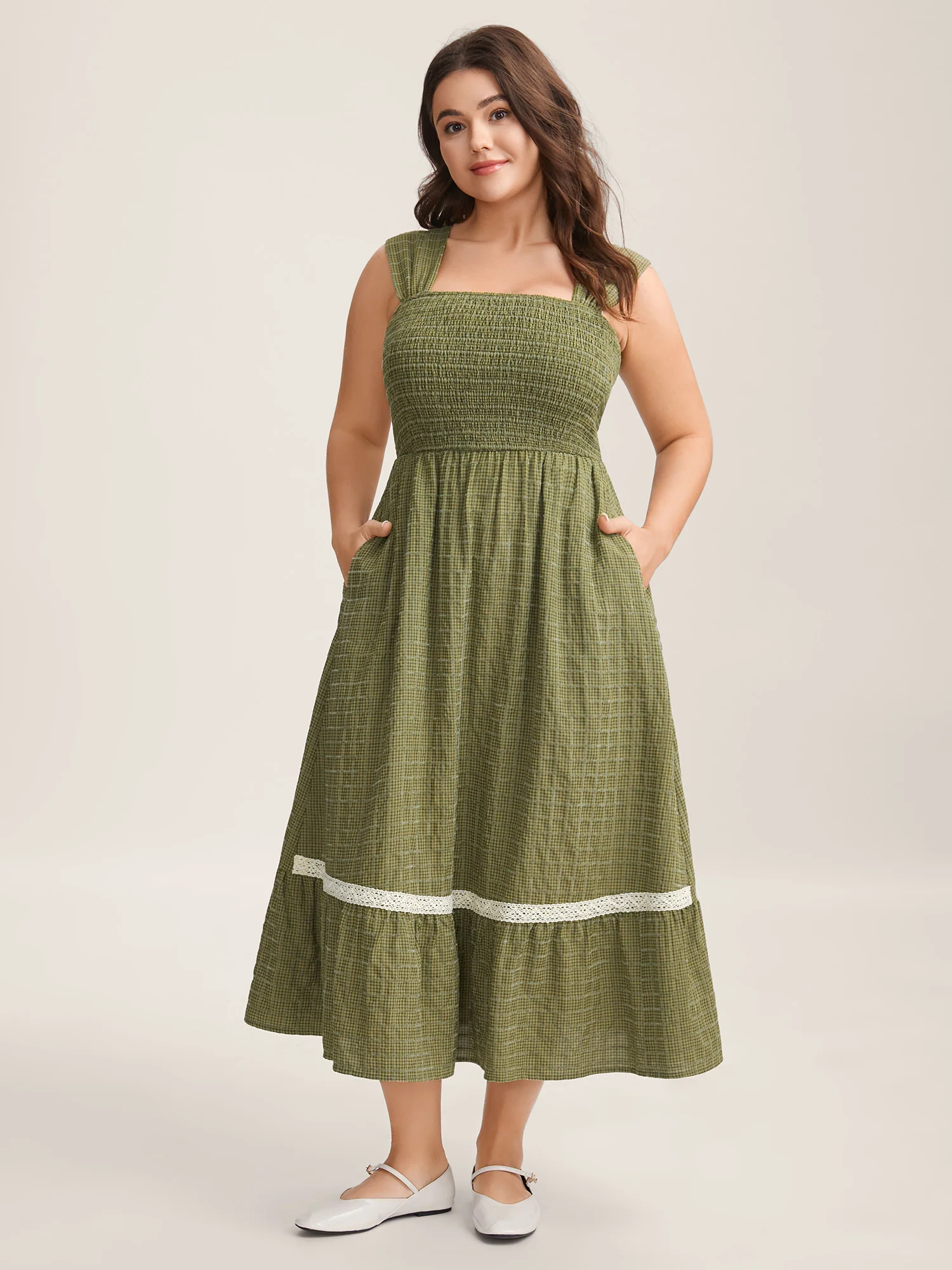 Plaid Shirred Lace Trim Tiered Maxi Dress