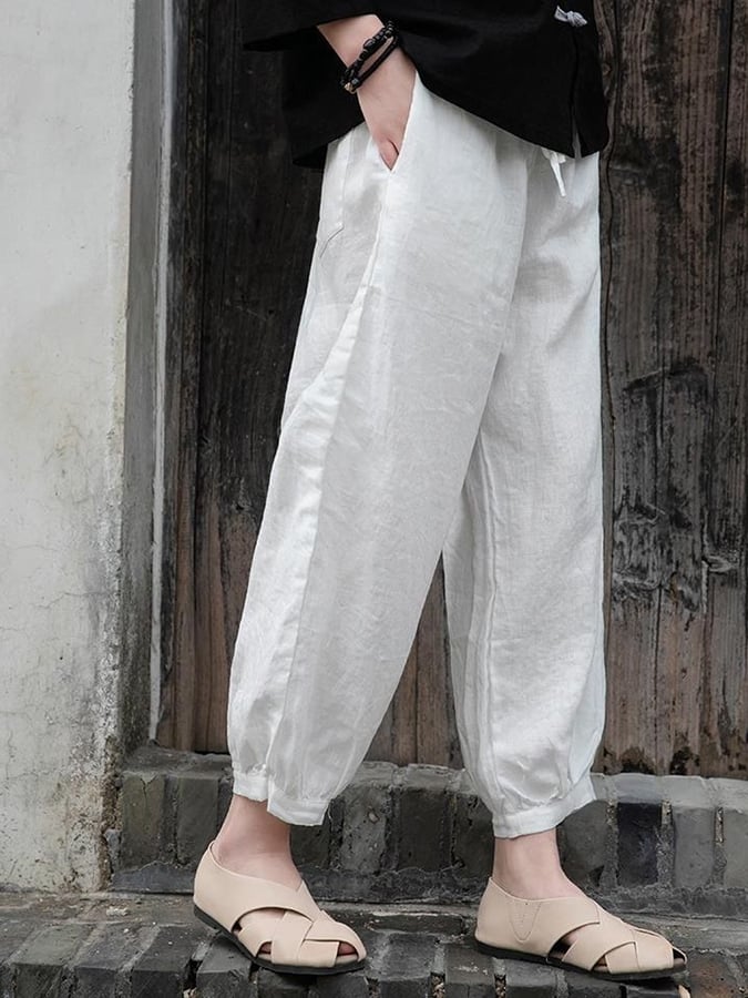 Women's Solid Color Loose Elastic Waist Casual Cotton And Linen Pants