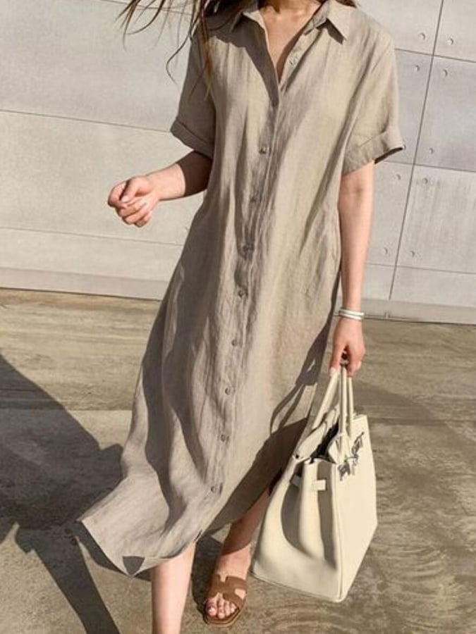 Women's  Simple Loose Lace Up Cotton Linen Shirt Dress