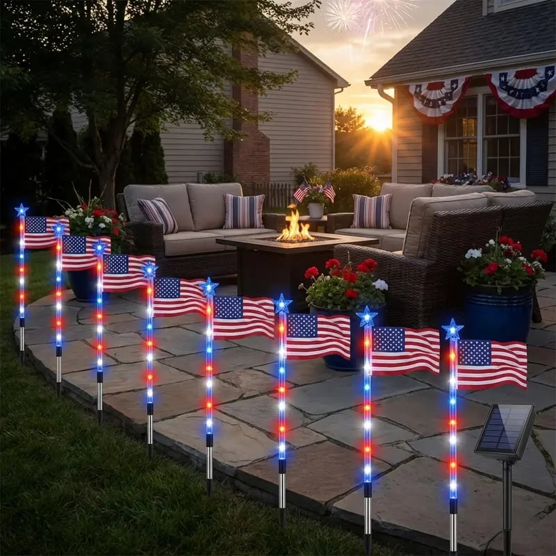 8 Solar American Flag Pathway Lights – Red, White & Blue Yard Glow for 250th Independence Celebration 🇺🇸✨