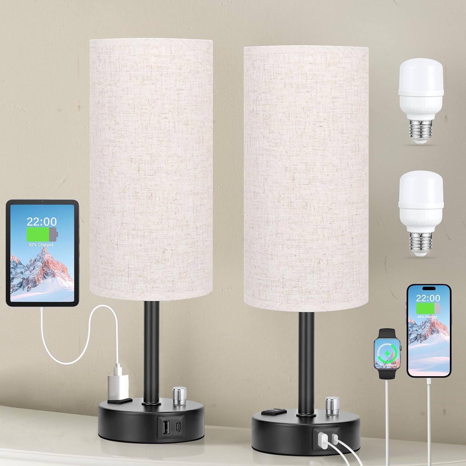 Bedside Table Lamp for Bedroom - 3 Way Dimmable Touch Lamp USB C Charging Ports and AC Outlet, Small Lamp Wood Base Round Flaxen Fabric Shade for Living Room, Desk, LED Bulb Included