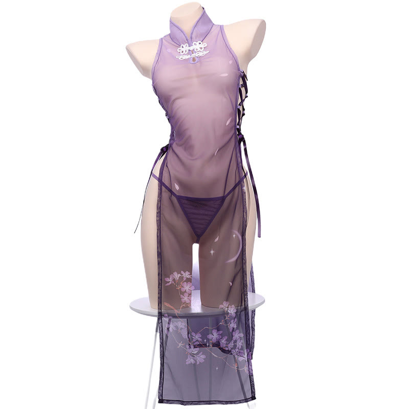 Vintage See-through Lace Up Cheongsam Lingerie Dress