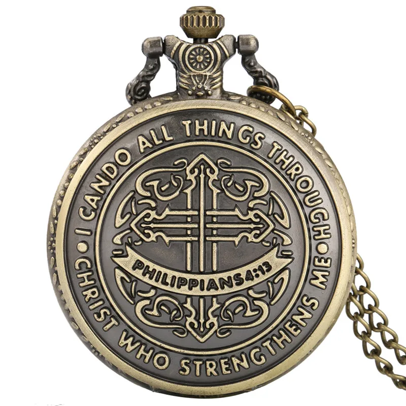 Old Fashion I Can Do All Things Bible Philippians 4:13 God Jesus Christian Unisex Quartz Pocket Watch Souvenir Pendant Chain