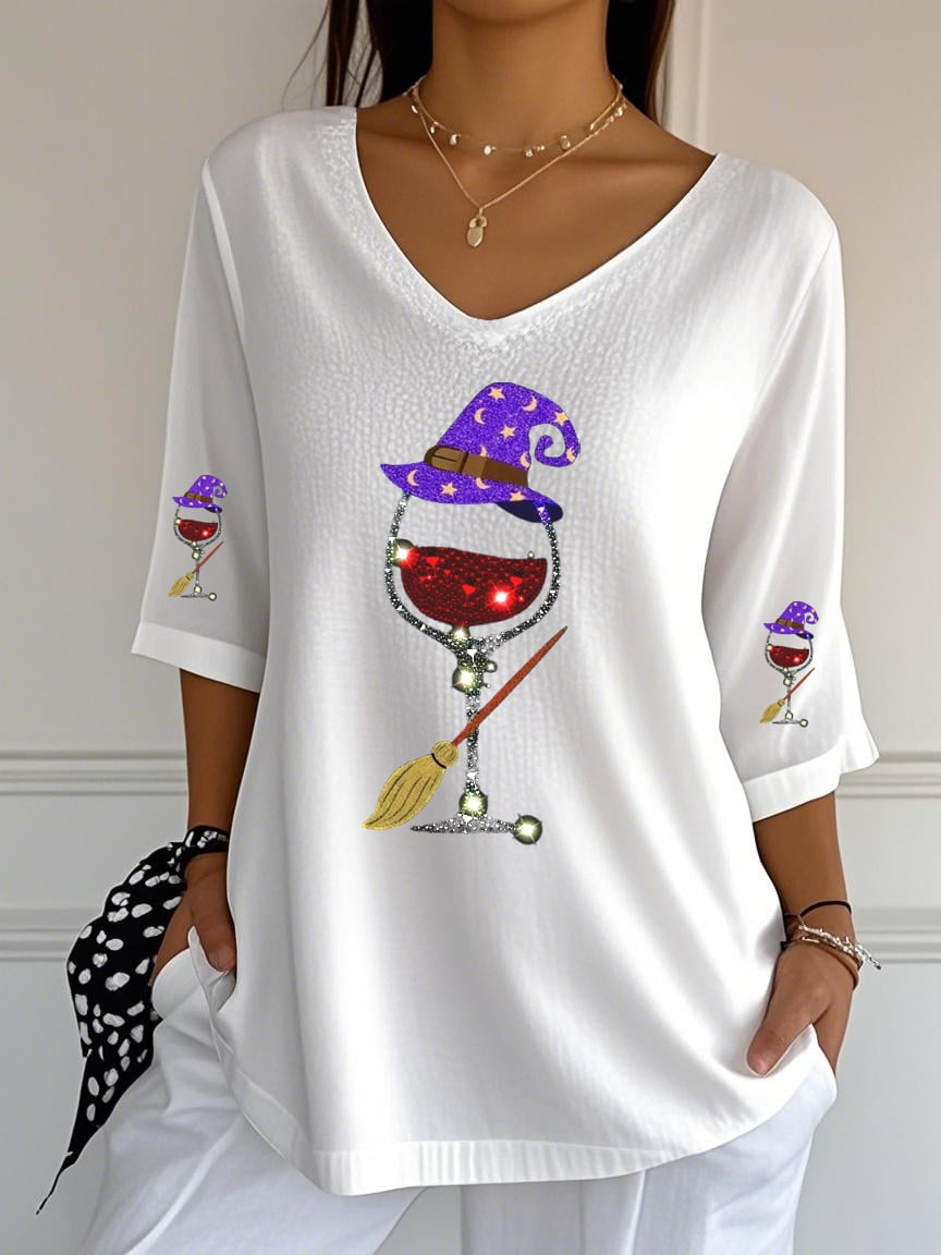 Women's Halloween Sequined Red Wine Glass T-shirt