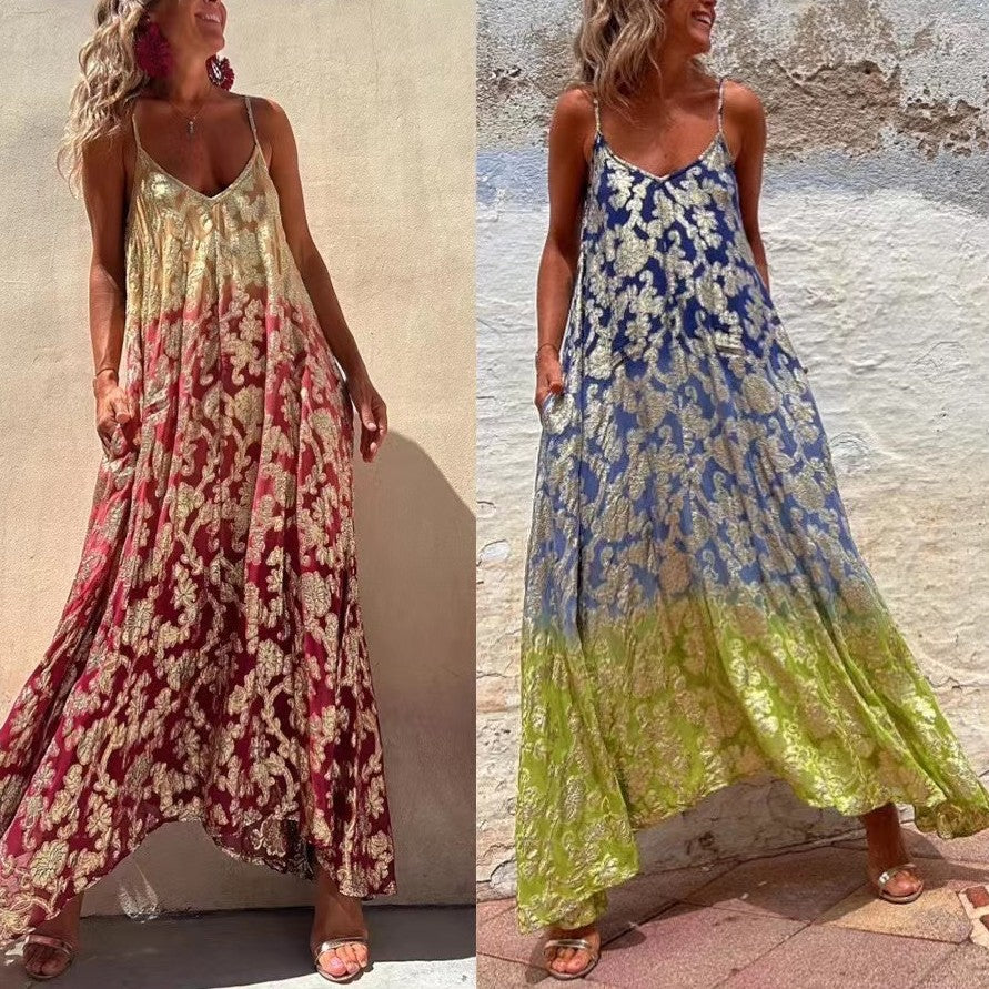 Fashion Printed Loose Big Hem Strap Dress For Women