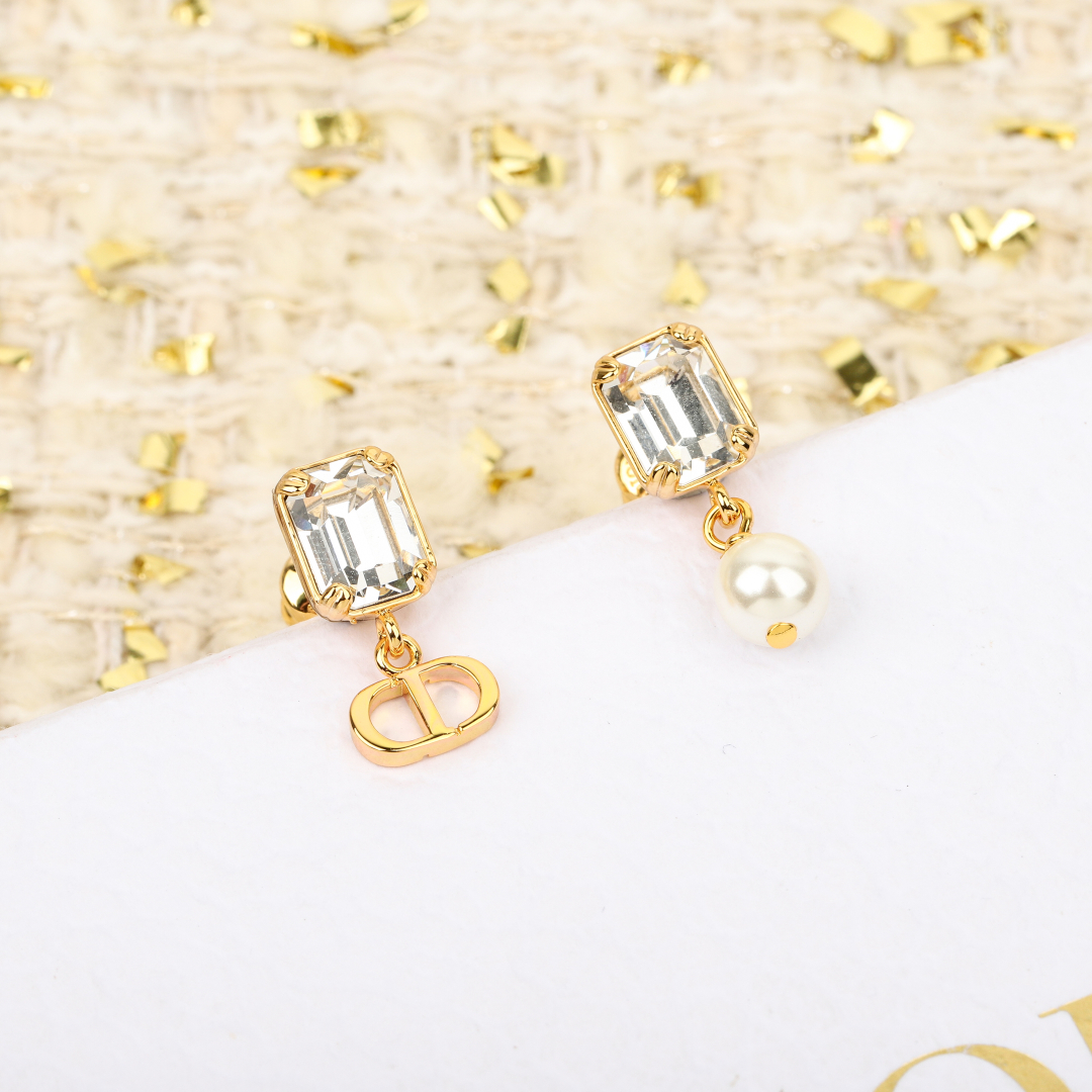 Dior Square Diamond Asymmetric Pearl CD Earrings