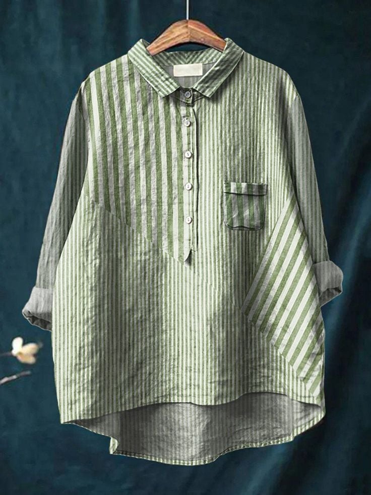 Women's Casual Cotton And Linen Striped Long-Sleeved Shirt