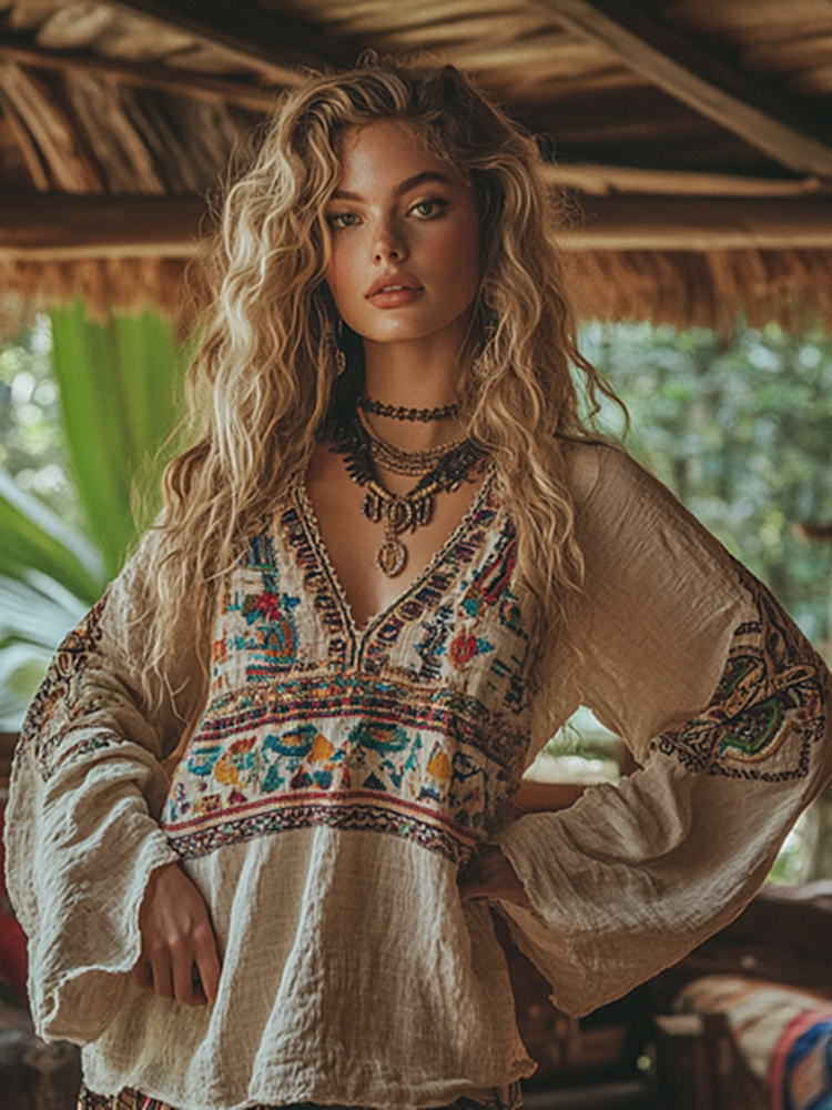 Retro Boho Tribal Embroidery Print Cotton And Linen Blend Loose Blouse