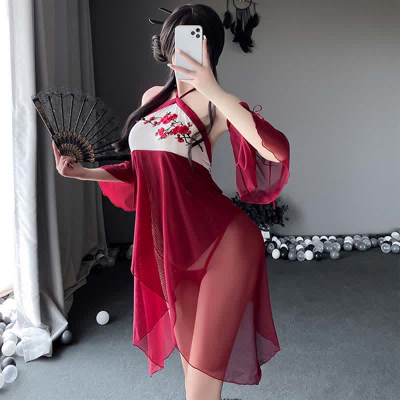 Blossom Embroidery See Through Halter Cheongsam Dress Lingerie