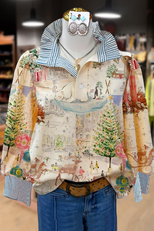 Mixed Christmas Print Striped Collar Top