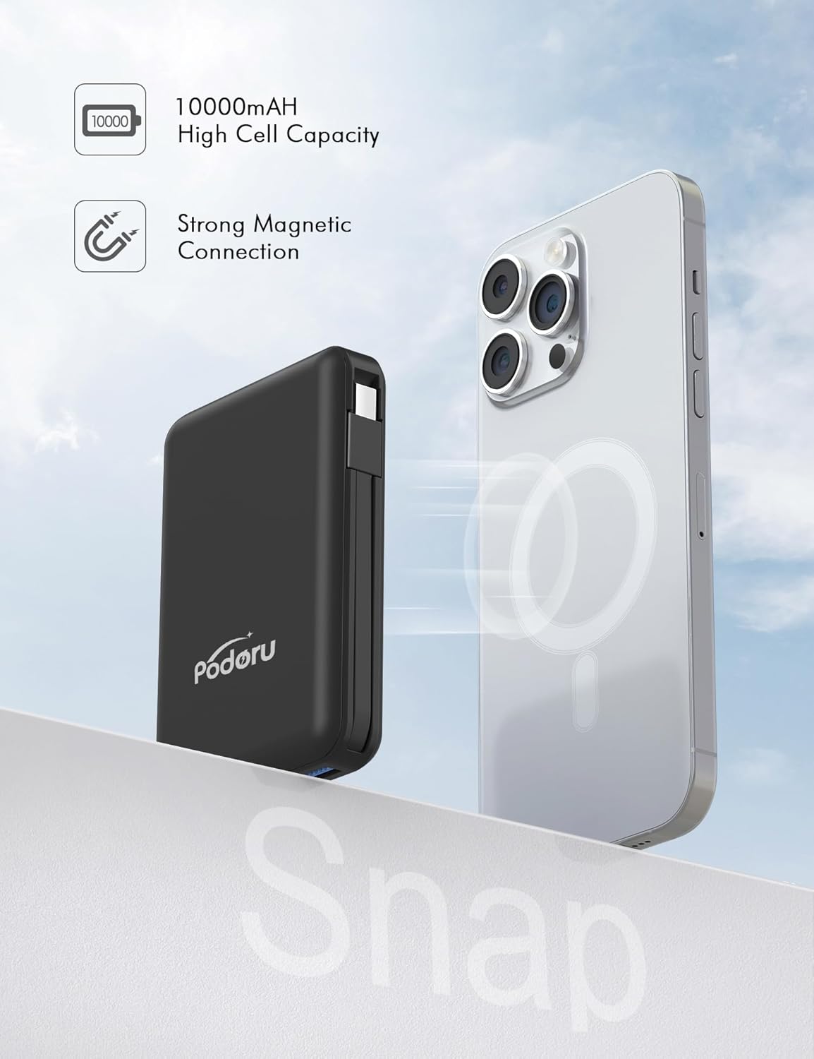 podoru Wireless Portable Charger, 10000mAh Magnetic Power Bank Built-in USB-C Lighting Cables 22.5W PD Fast Charging LED Display Mag-Safe Battery Pack for iPhone 15/14/13/12/Mini/Pro/Pro Max - White