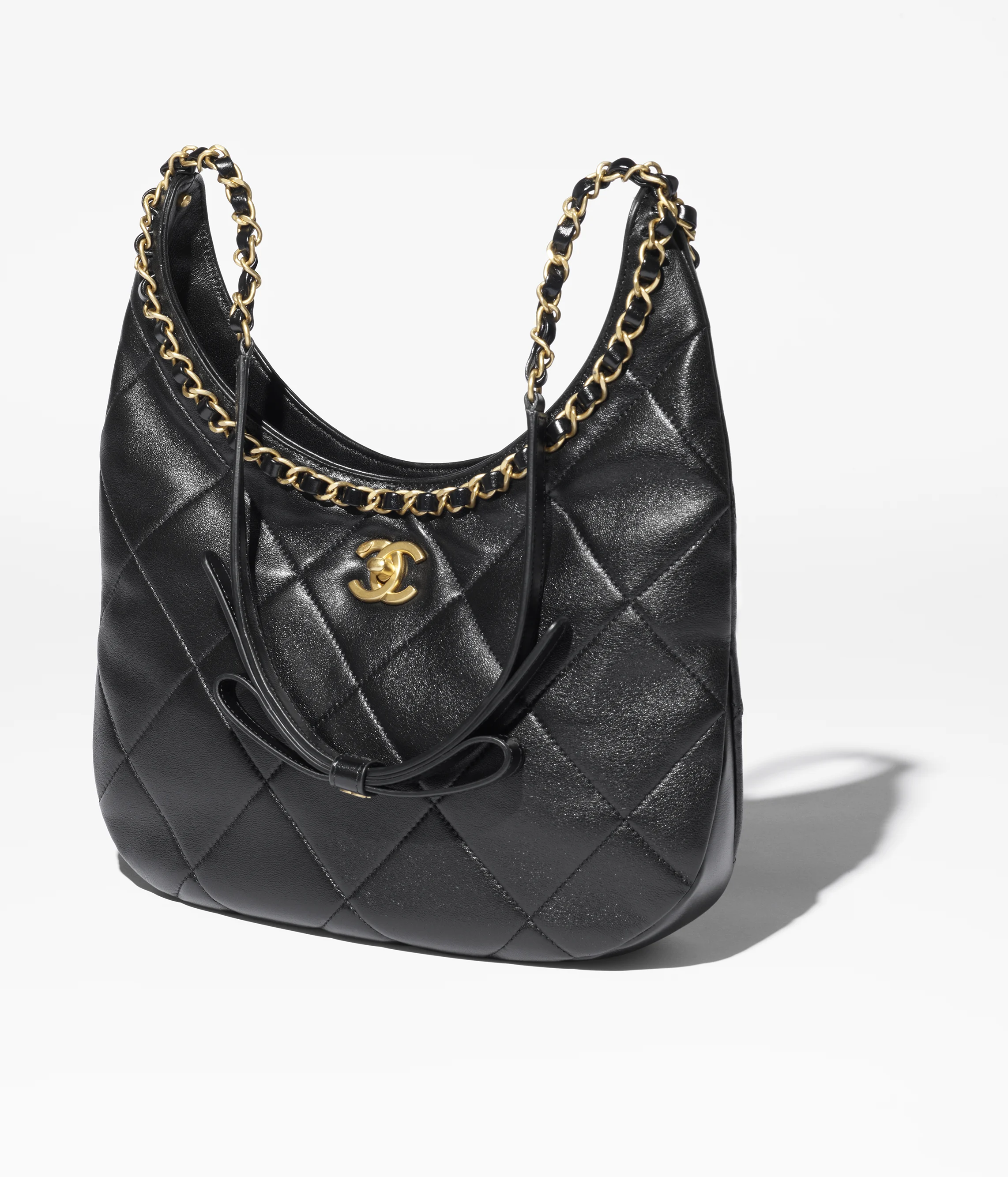 CHANEL Hobo Handbag Shiny Lambskin & Gold-Tone Metal Black AS5419-B19643-94305