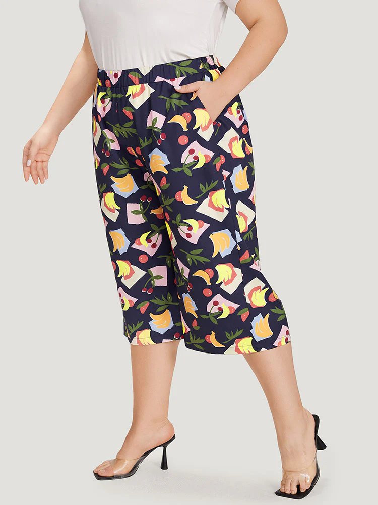 Fruit Print Slant Pocket Elastic Waist Pants