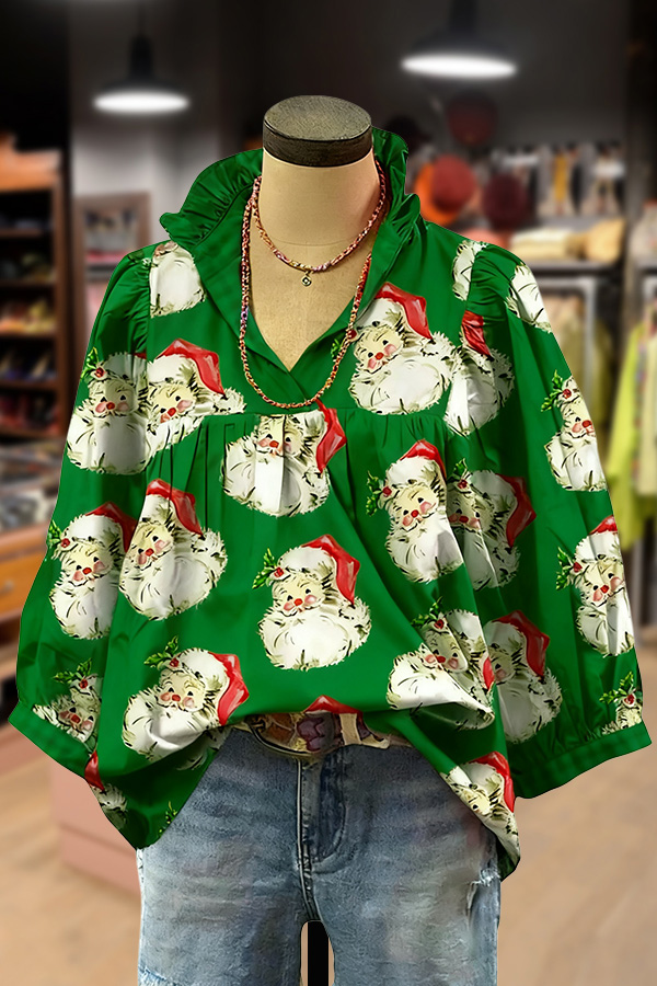 Christmas Santa Print Ruffle V-Neck Blouse