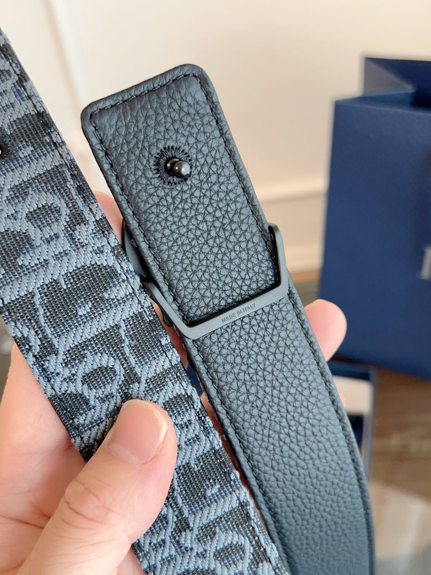 Dior Oblique light blue cloth and black cowhide leather belt width 3.5cm