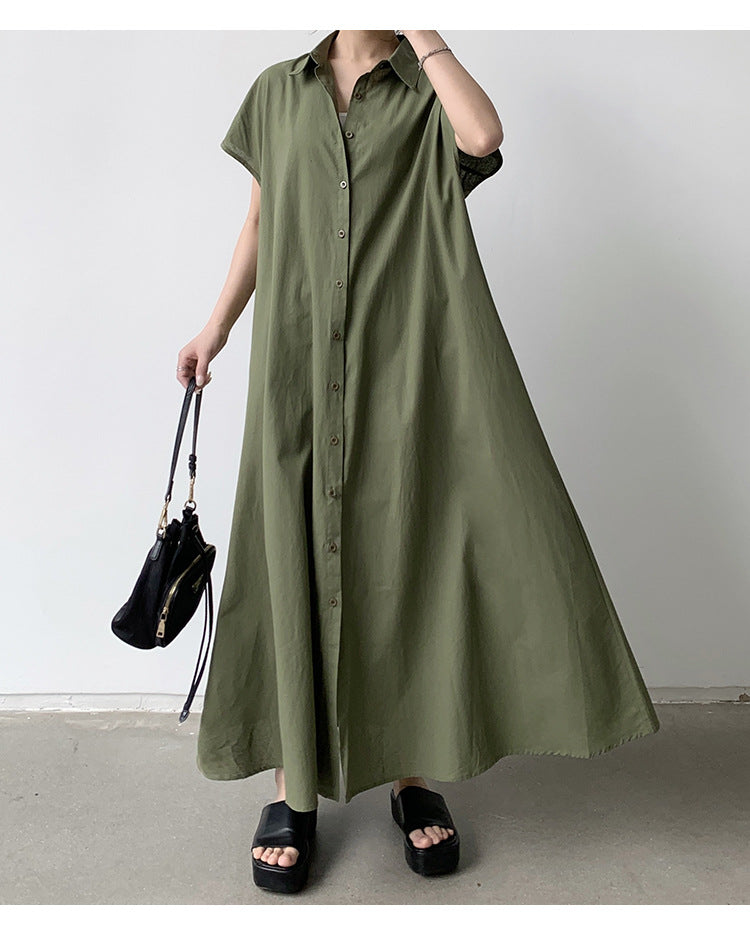 Summer Dress Women Pullover Short Sleeve Linen Solid Color Loose Lapels Casual Shirt Dress