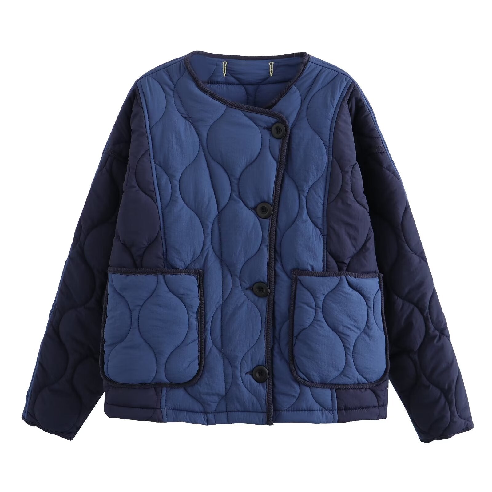 Winter Loose Slimming Color Block Crew Neck Double Pocket Cotton Jacket Women