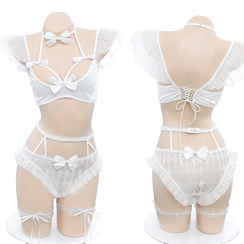 Bride Hollow Out Bow See-through Lingerie Set