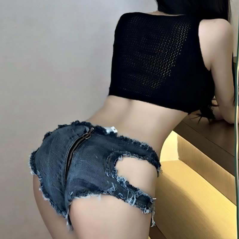 Sexy Hollow Out Top Denim Shorts Lingerie Set