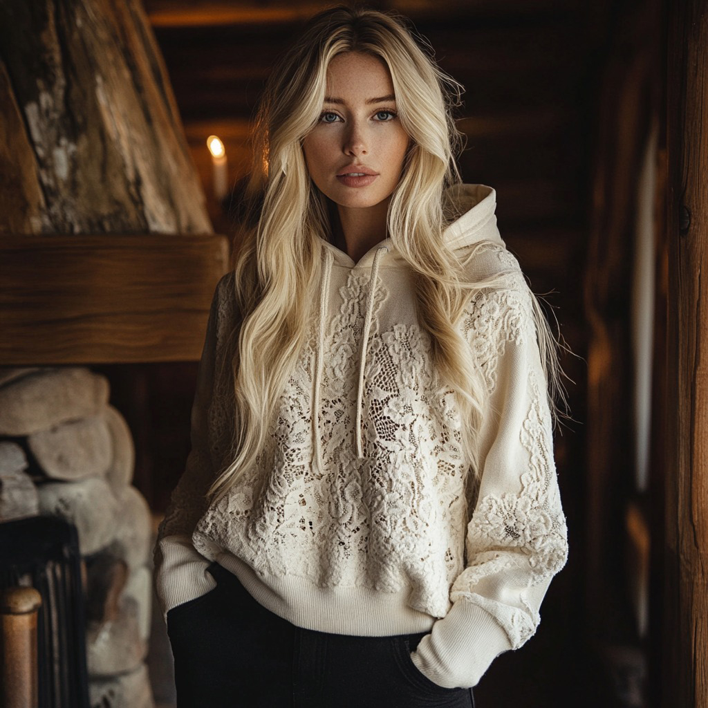 Women's Floral Lace Embroidery Patchwork Art Hoodie