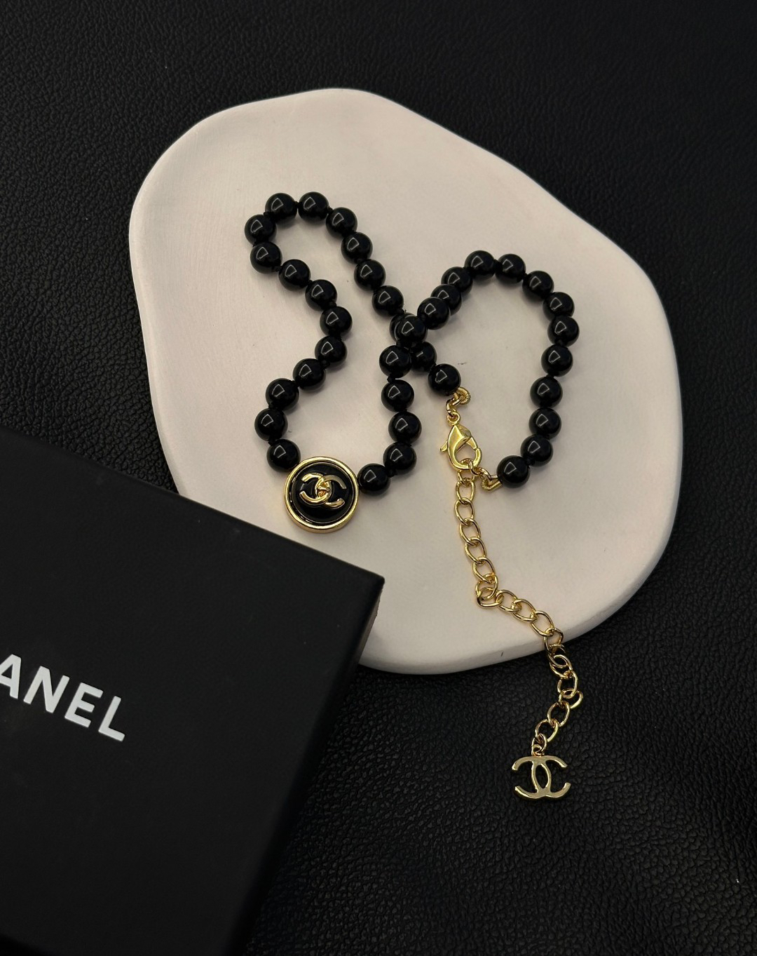 Chanel Pearl Double C Necklace Black and White