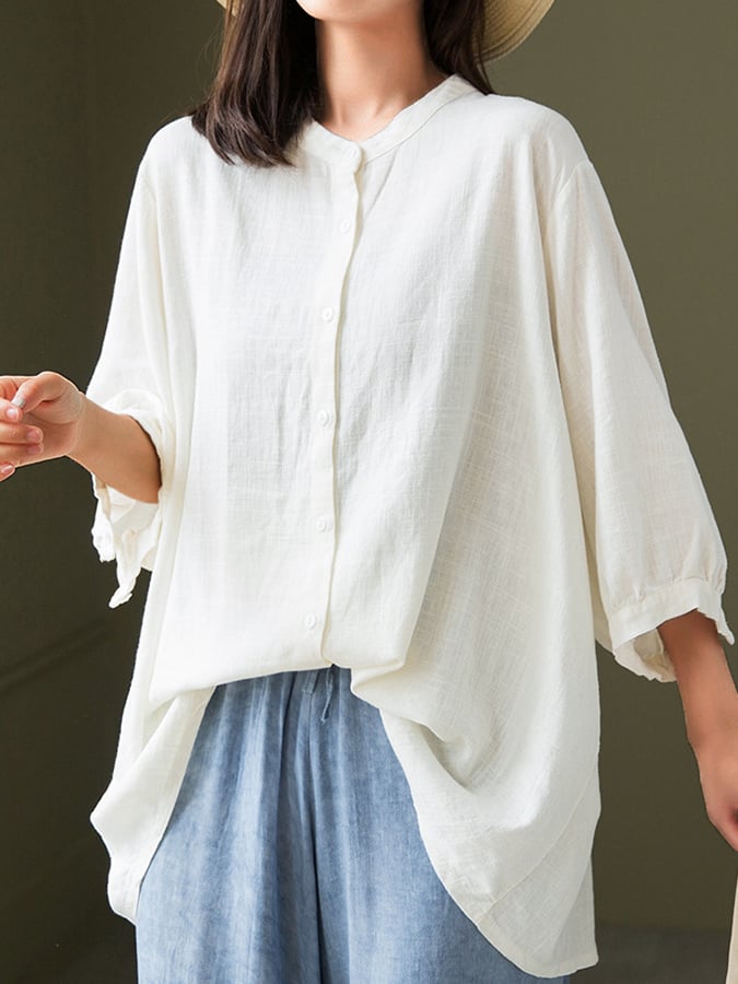 Woven Women's Cotton Fashion Loose Mandarin Collar Long Sleeve Shirt